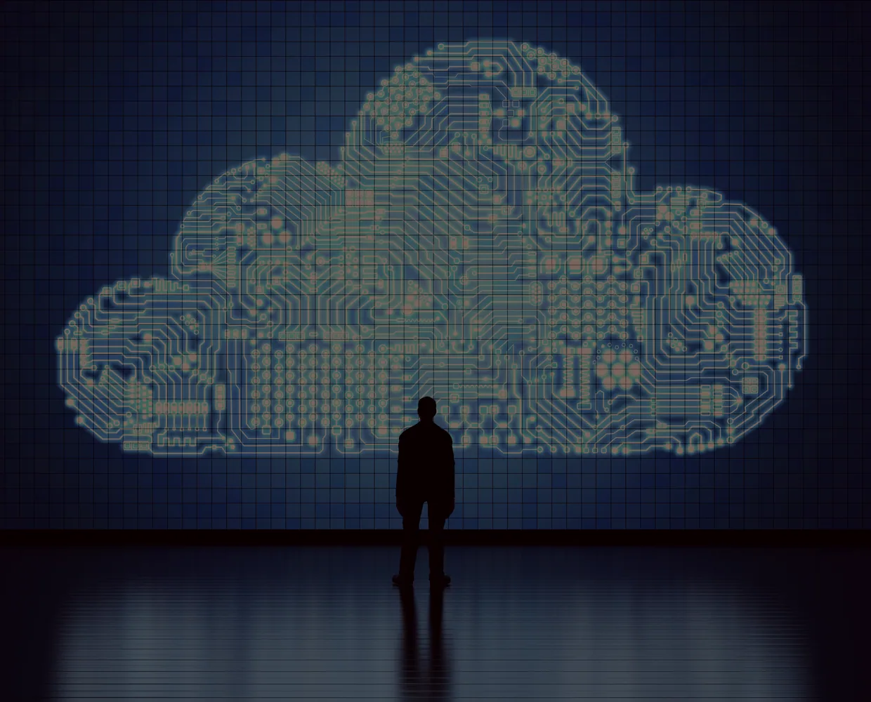 A lone figure stands before a wall-sized cloud drawn in circuitry.